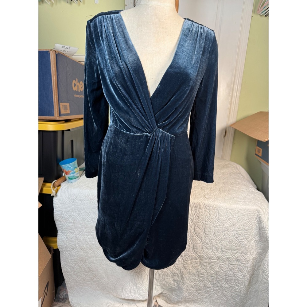 Theory Teal Blue Velvet Twist Front V-Neck Long Sleeve Sheath Dress Size 8